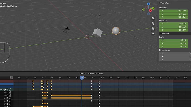 Basic keyframing demonstrated in the Dope Sheet on a sphere and cube