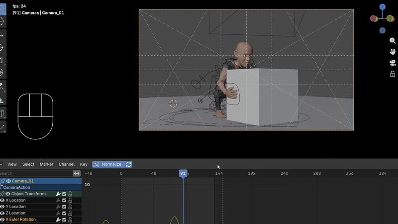Camera animation set up around a character picking up a box