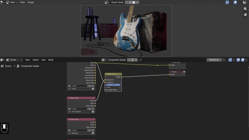 Guitar and amp scene composited from separate view layers using an Alpha Over node