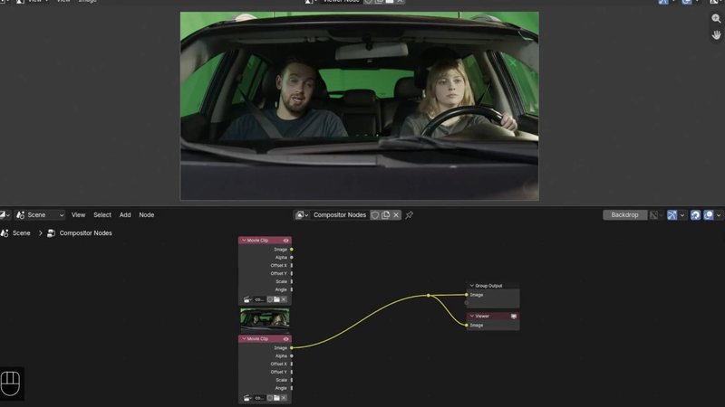 Raw green screen footage of two actors in a car before keying