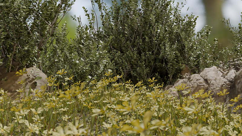 Vertex painted scatter tool distributing shrubs, grass, and rocks