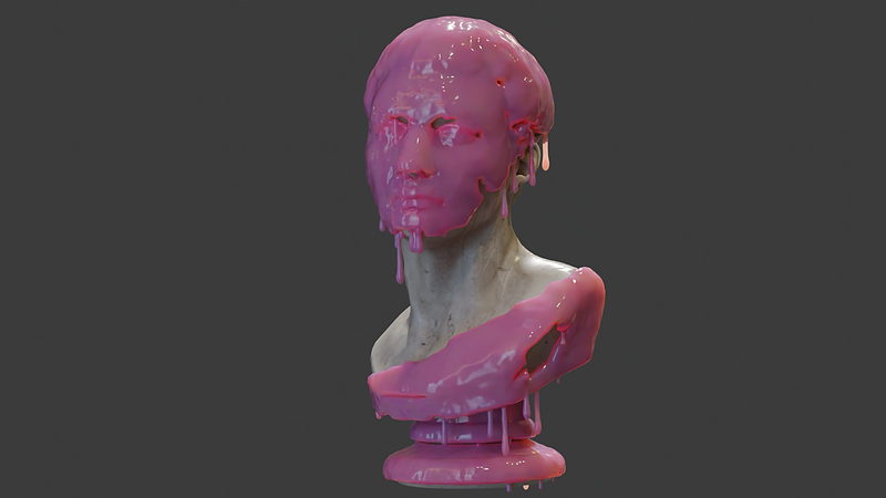 Procedural drip and splat effect coating a marble bust in goop