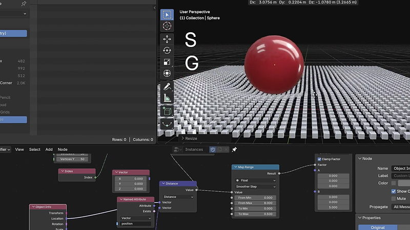 Distance and Map Range nodes driving a grid of cube instances around a sphere