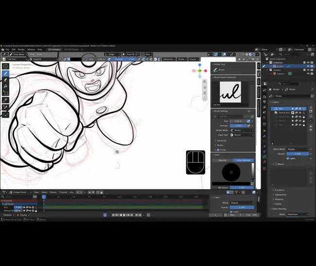 A glowing lightning bolt stroke being animated in Blender