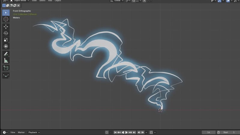 Lightning stroke animation in progress in Blender's Grease Pencil 2D workspace