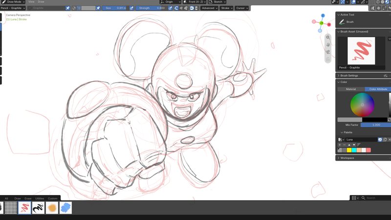 Rough pencil sketch of the Luna character illustration project