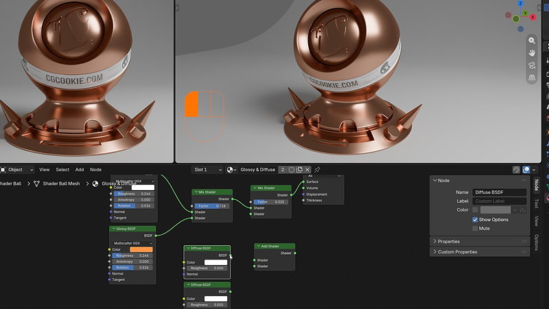Glossy and diffuse shader mix demonstrated on a metallic shader ball