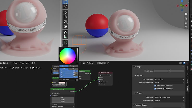 Volume shader creating a translucent skin-like material on the shader ball