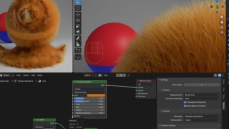 Principled Hair shader creating fur on the shader ball