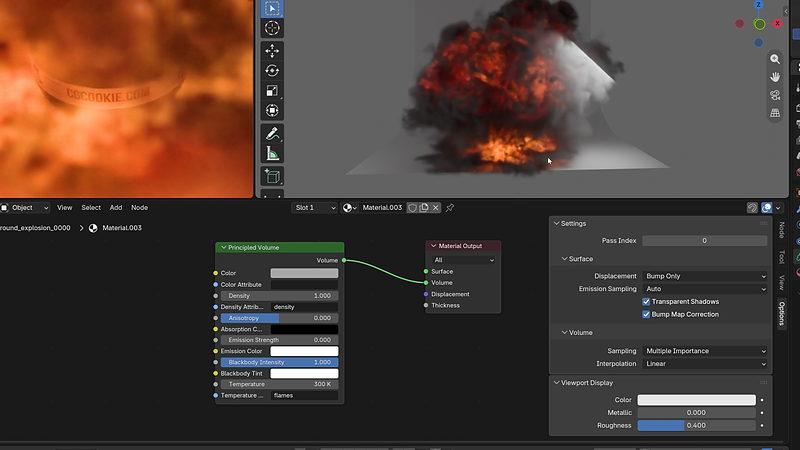 Principled Volume shader driving a simulated fire and explosion effect