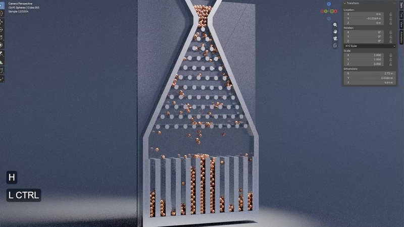 Rigid body Galton board simulation sorting spheres through rows of pegs