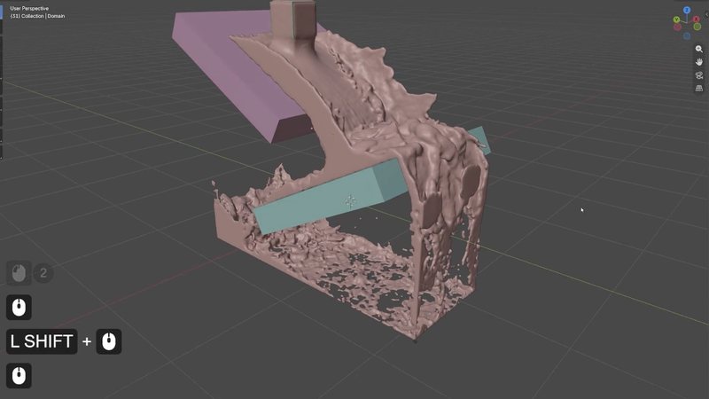 Fluid simulation domain, flow, and obstacle setup for a logo reveal effect