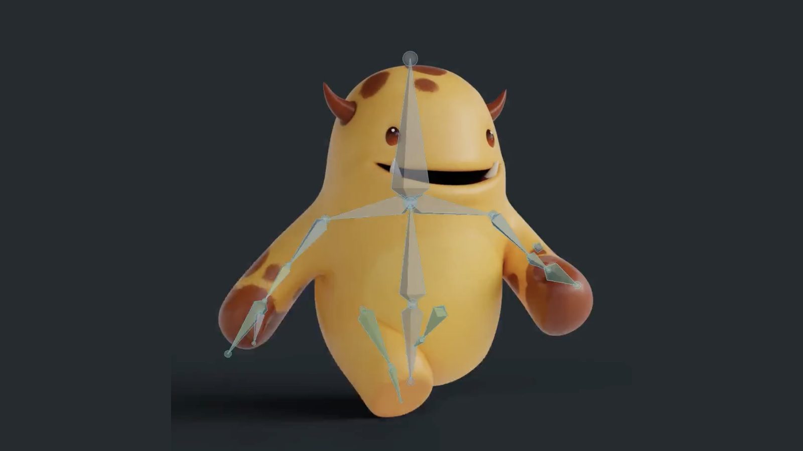 A rigged character with bone controls visible from the Rigging course