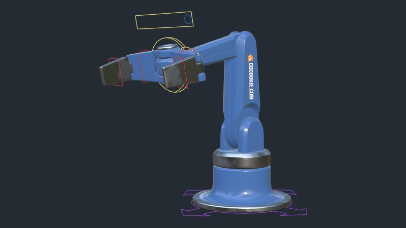 Rig control widgets demonstrated on a robotic arm in Blender