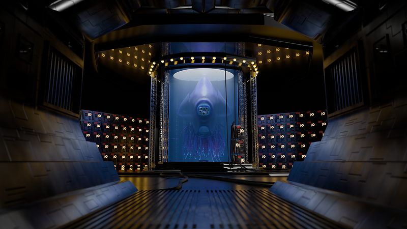 Finished sci-fi lab with the fully textured specimen tank and alien creature