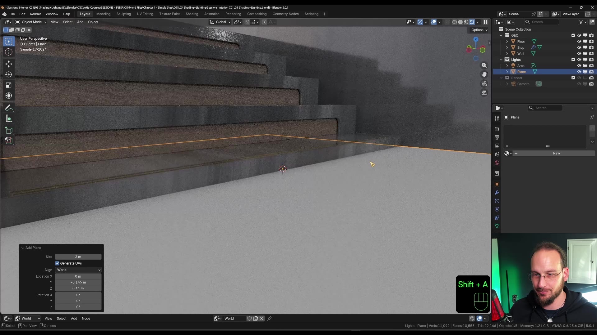 Blender tutorial clip showing how to array an area light using a vertex parent and vertex instancing
