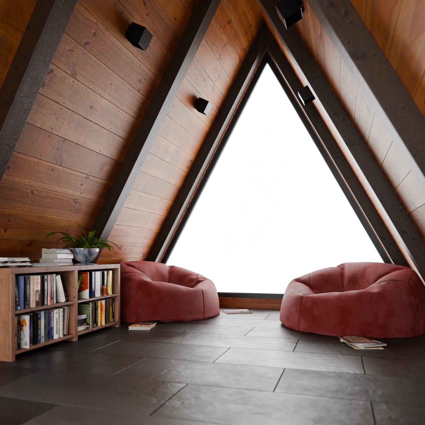 The same cabin interior with materials applied and flat lighting