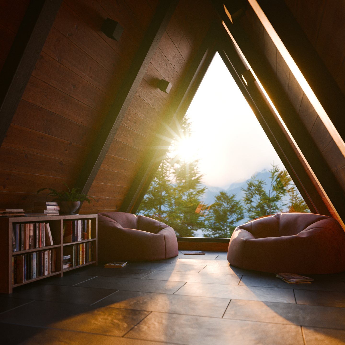 The finished cabin interior lit by sunset and composited