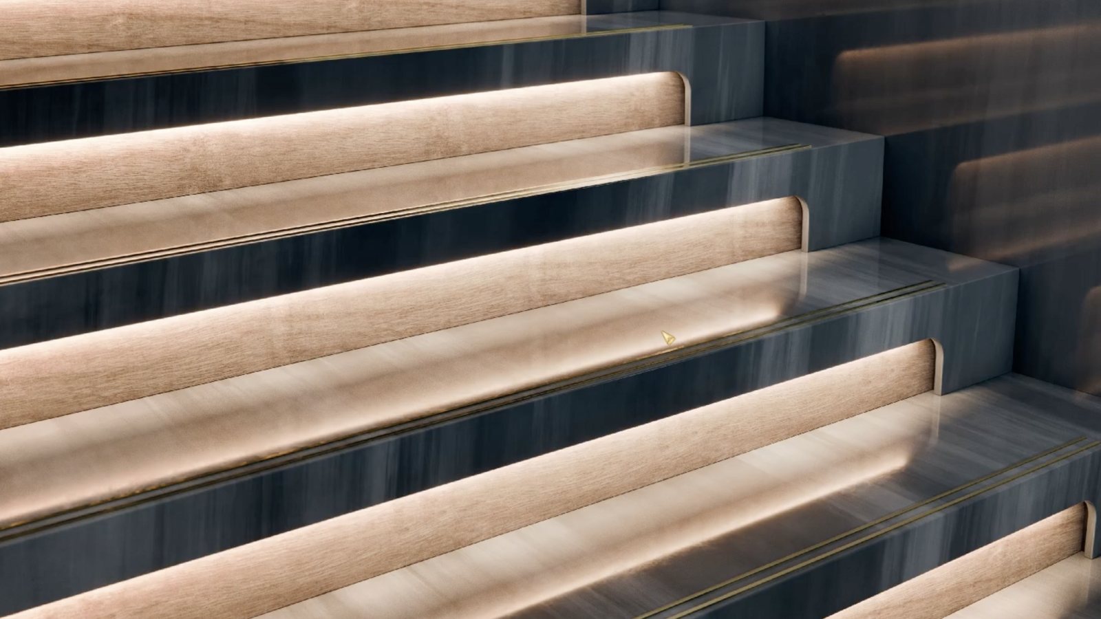 Sunlight raking across a flight of stone stairs with pale treads and brass inlay