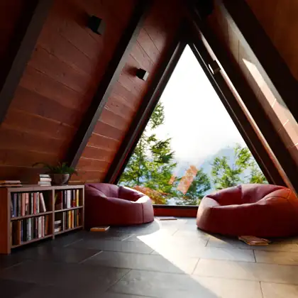 A-frame cabin interior with beanbag chairs facing a sunset