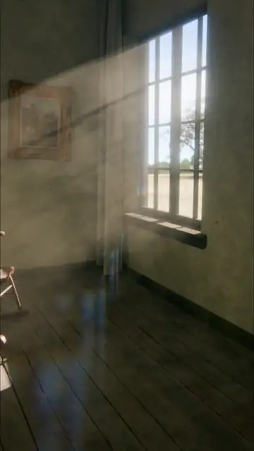 A rocking chair and vase lit by a shaft of dusty light in an old room